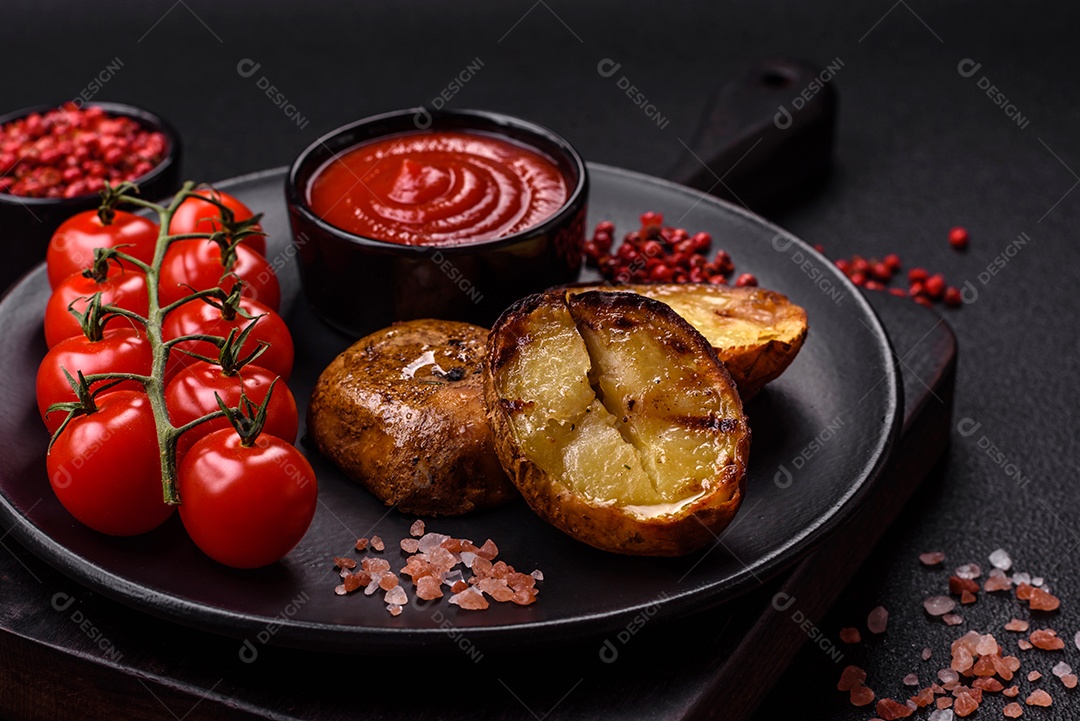 Deliciosas batatas cortadas ao meio grelhadas com sal, especiarias e ervas sobre um fundo escuro de concreto