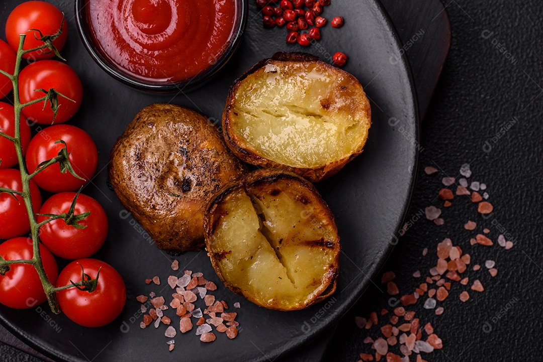 Deliciosas batatas cortadas ao meio grelhadas com sal, especiarias e ervas sobre um fundo escuro de concreto
