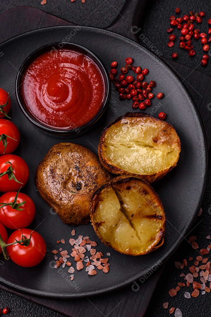 Deliciosas batatas cortadas ao meio grelhadas com sal, especiarias e ervas sobre um fundo escuro de concreto