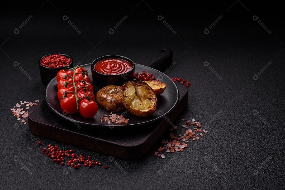 Deliciosas batatas cortadas ao meio grelhadas com sal, especiarias e ervas sobre um fundo escuro de concreto