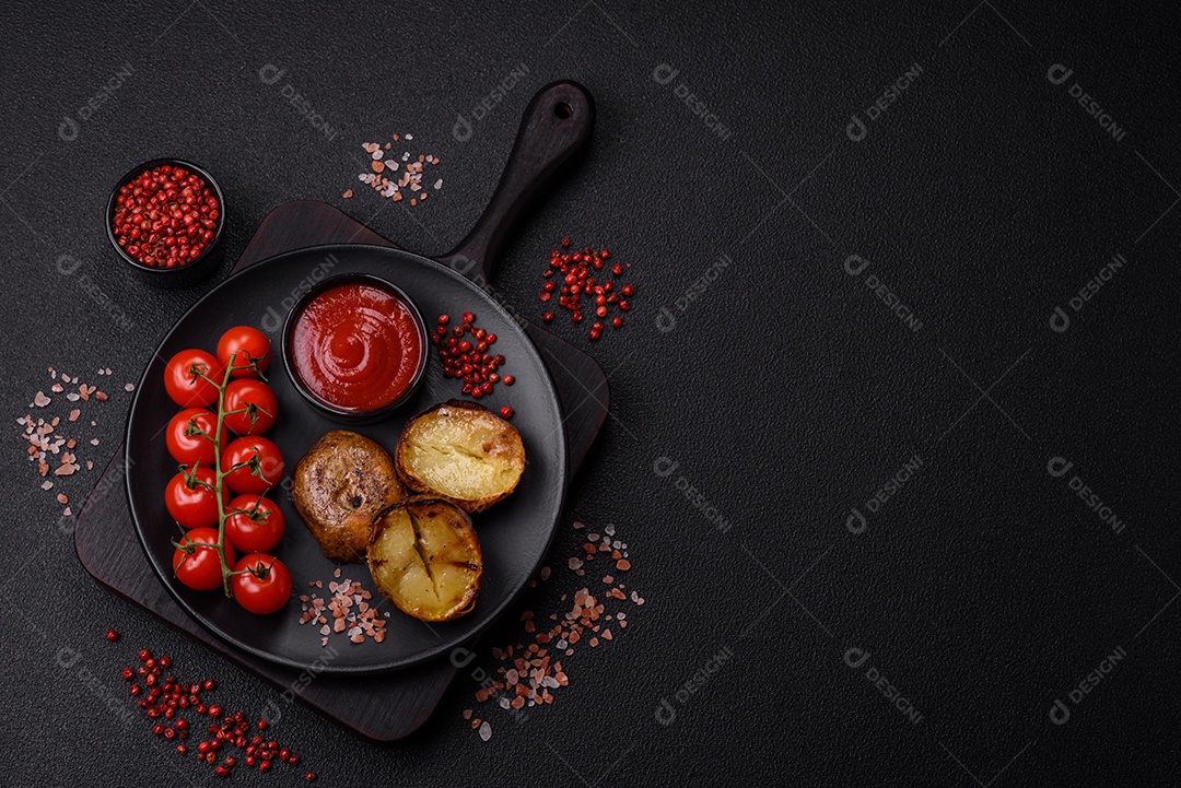 Deliciosas batatas cortadas ao meio grelhadas com sal, especiarias e ervas sobre um fundo escuro de concreto