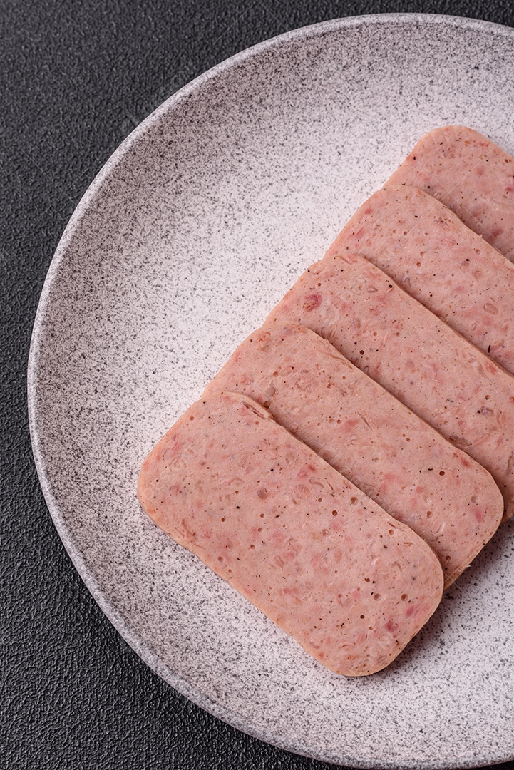 Delicioso presunto rosa enlatado com sal, especiarias e ervas sobre um fundo escuro de concreto