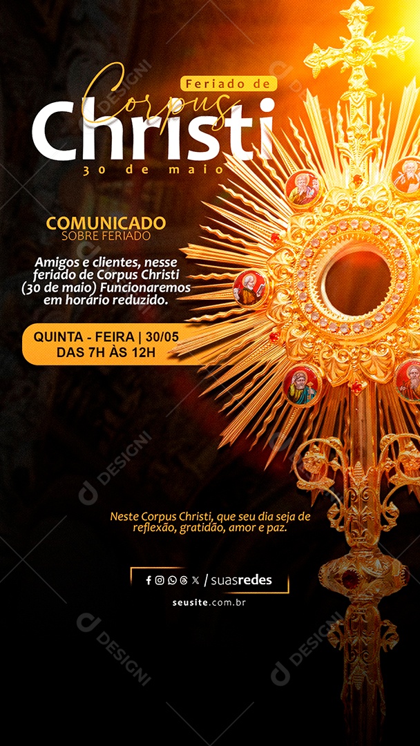 Corpus Christi 30 de Maio Aviso de Feriado Story Social Media PSD Editável