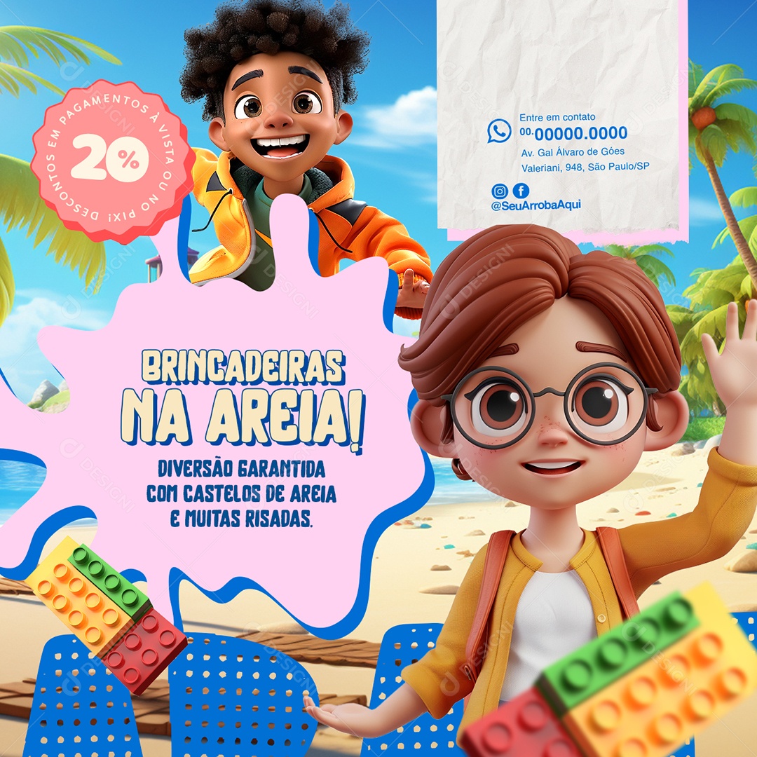 Colônia de Férias Brincadeiras na Areia Social Media PSD Editável