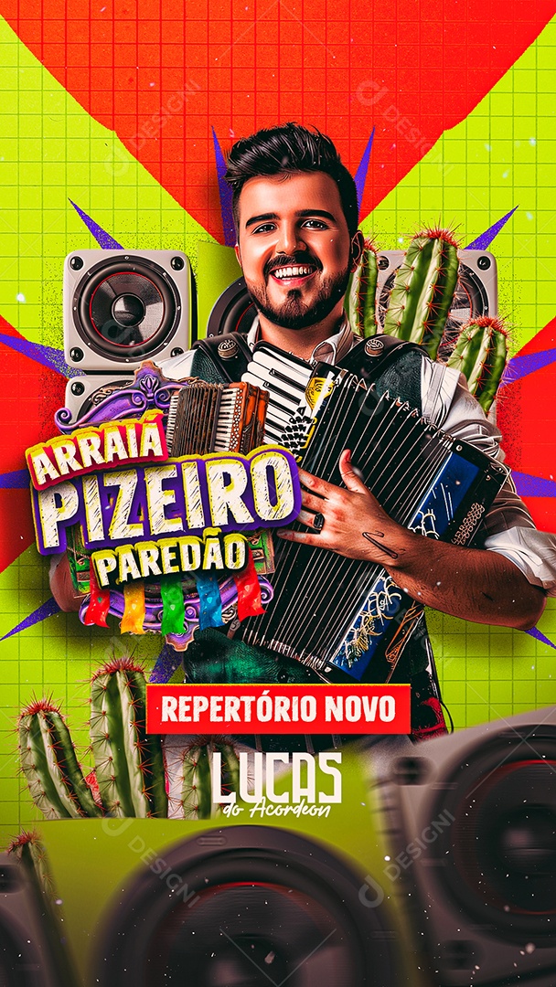 Story Flyer Arraiá Pizeiro Paredão Repertório Novo Lucas do Acordeon Social Media PSD Editável