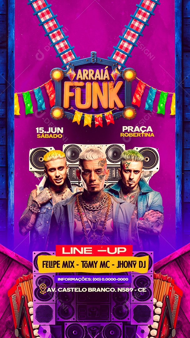 Story Flyer Arraiá Funk Line Up Felipe Mix Tomy Mc Jhony DJ Social Media PSD Editável