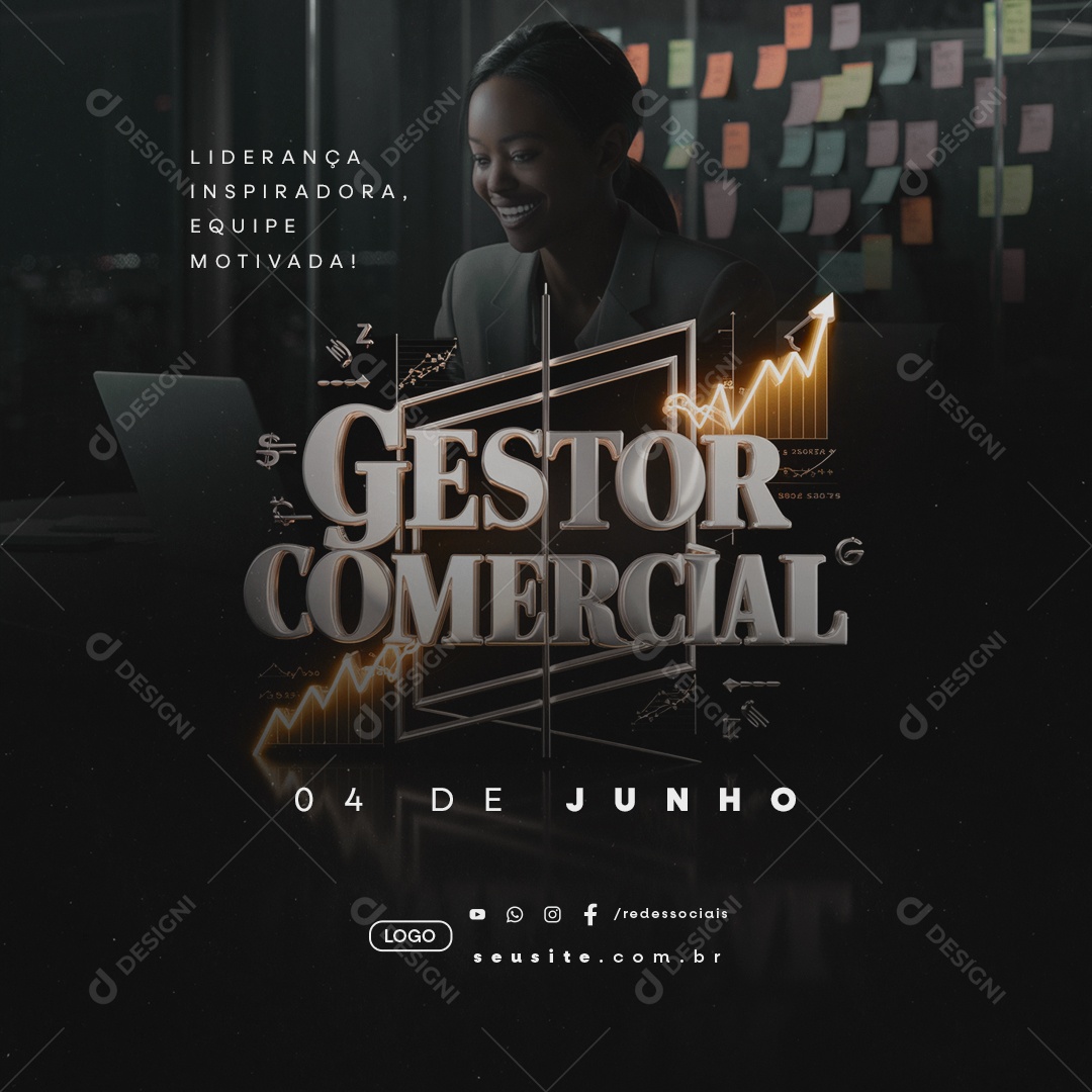 Dia do Gestor Comercial 04 de Junho Liderança Inspirador Social Media PSD Editável