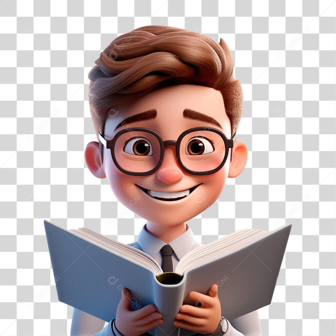 Estudante personagem lendo um livro sorrindo