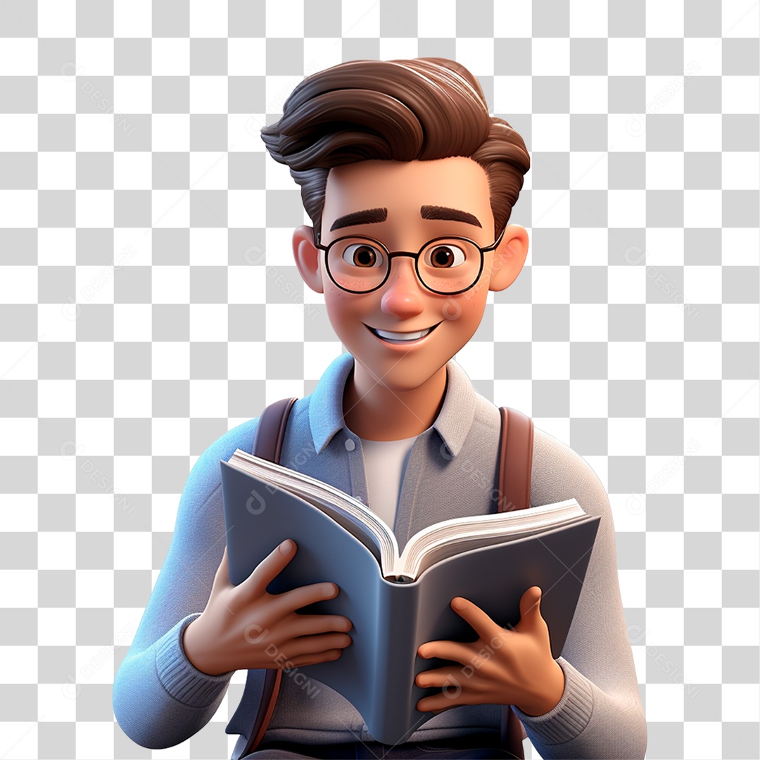 Estudante personagem lendo um livro sorrindo