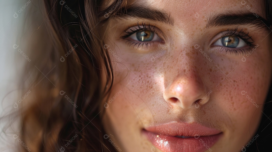 Mulher bonita com Botox no rosto e lábios rosados ​​com belos traços faciais