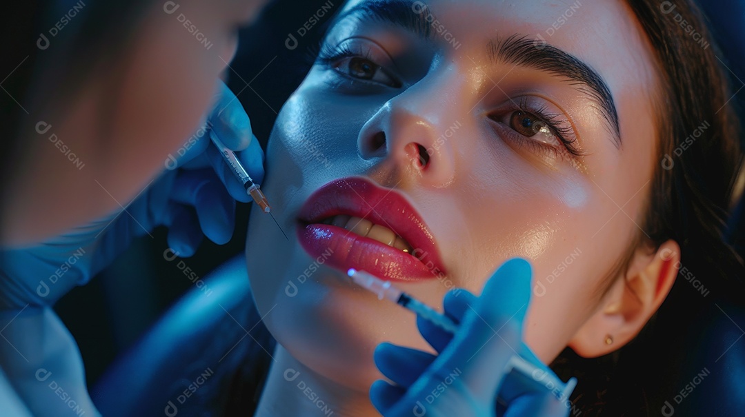 Mulher recebendo algumas injeções de Botox no rosto e lábios