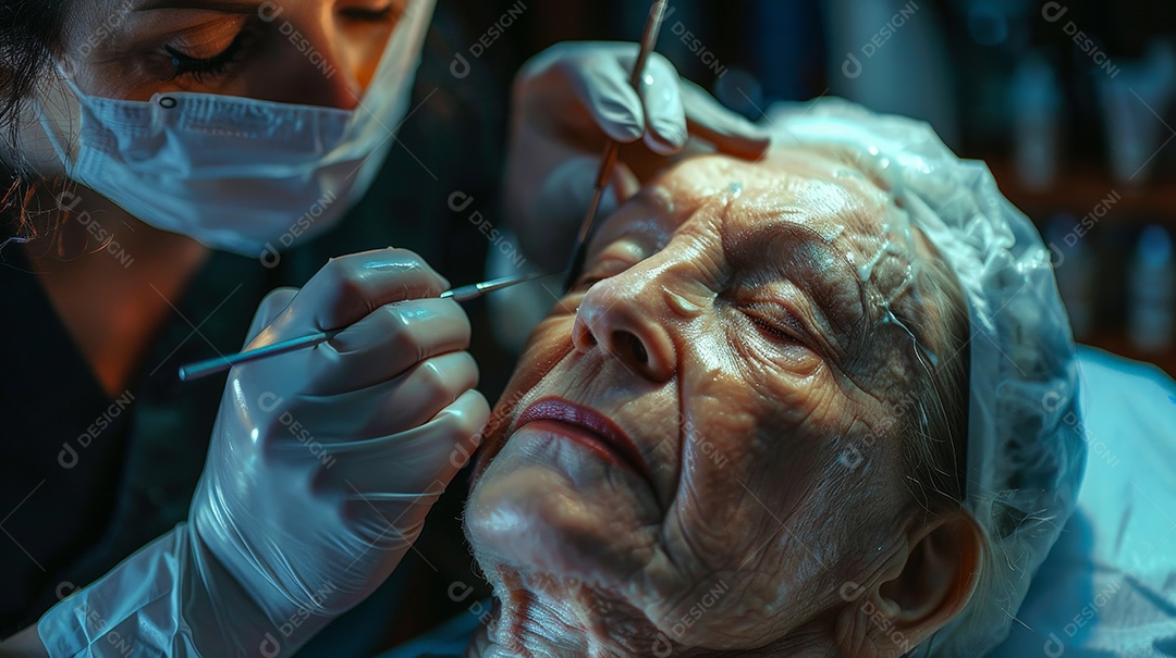 Esteticista aplicando procedimento de rejuvenescimento em mulher