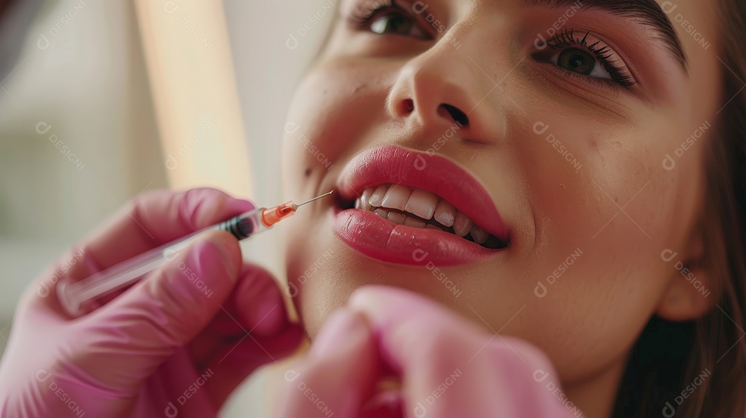 Esteticista aplicando procedimento em boca de paciente