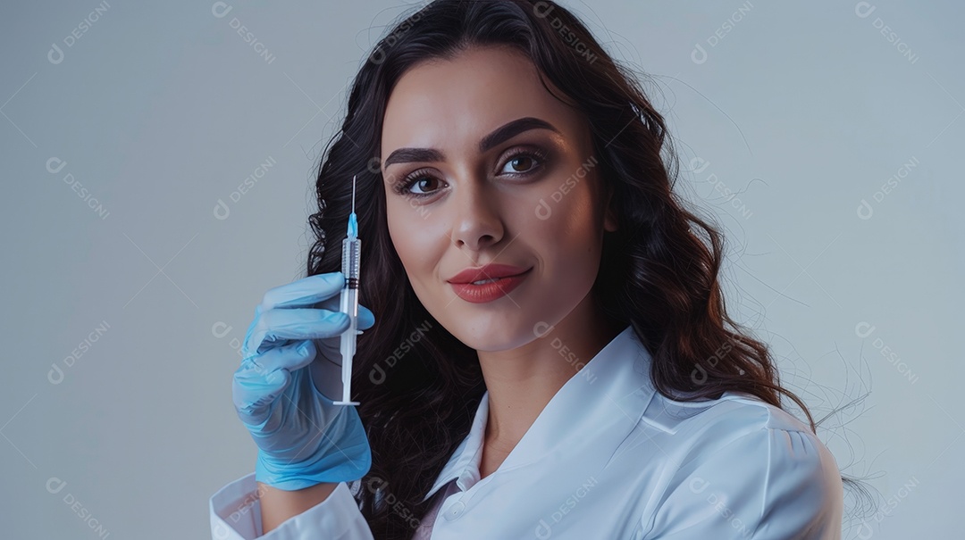 Esteticista linda com seringa na mão posando para foto