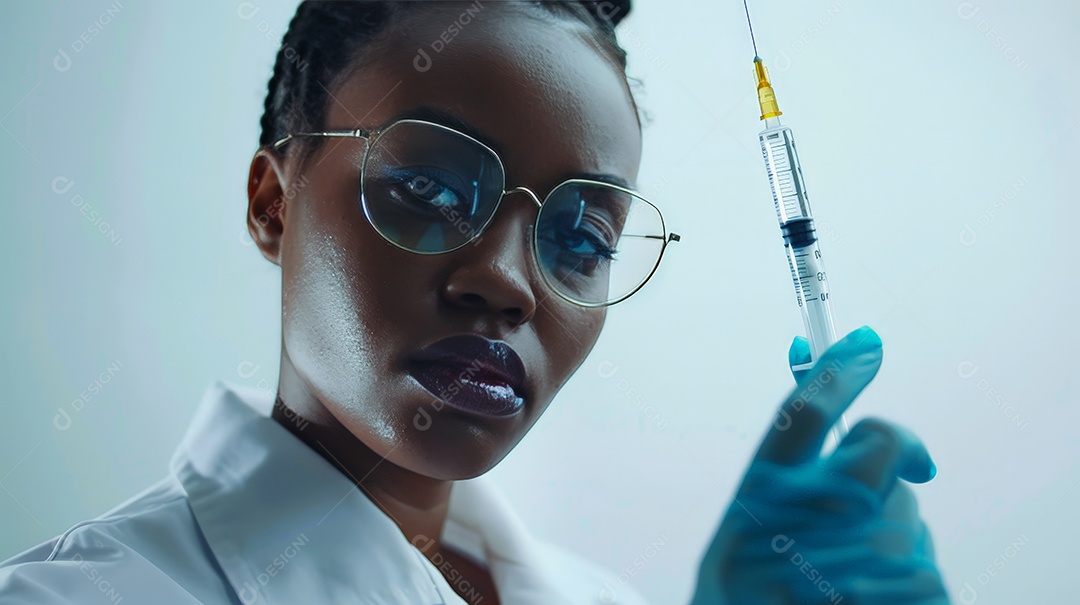 Linda morena enfermeira anestesista ou esteticista em clinica com seringa na mão