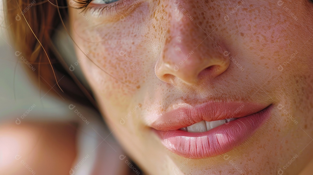 Lábios rosados e belos traços faciais depois de harmonização estética