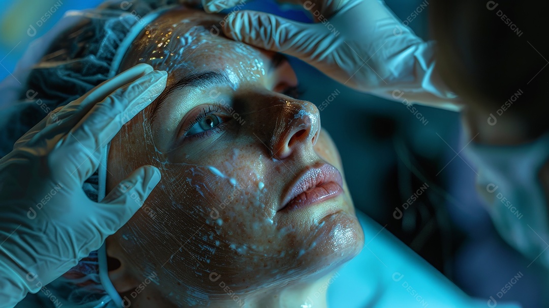 Mulher com mascara sobre o rosto em clinica de estética