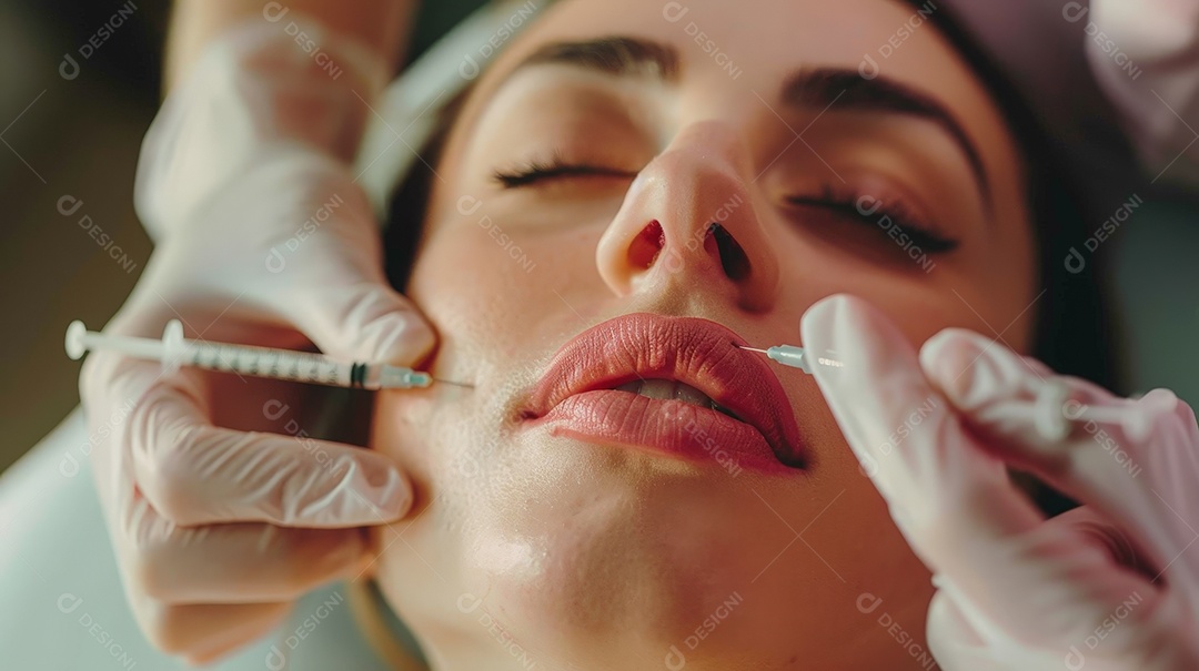 Lábios rosados e belos traços faciais esteticista aplicando botox