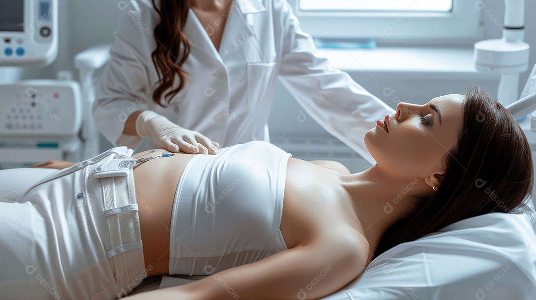 Mulher deitada na maca sendo avaliada por profissional de estética
