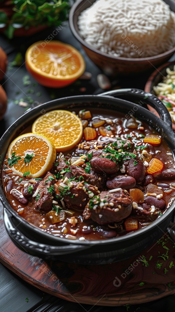 Panela de feijoada deliciosa com arroz e farofa ao lado