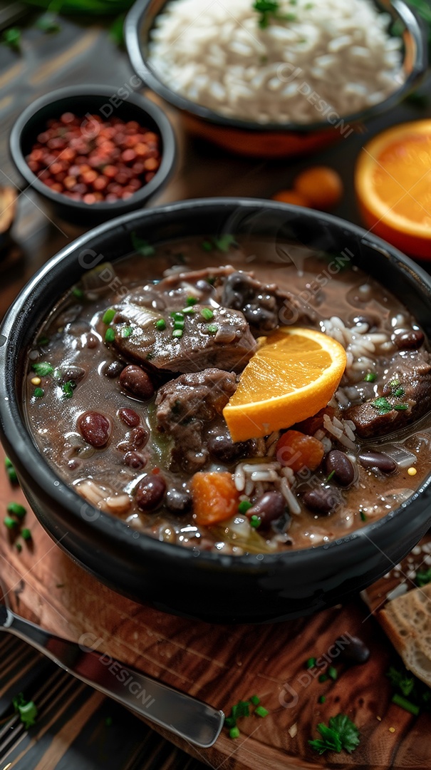 Panela de feijoada deliciosa com arroz e farofa ao lado