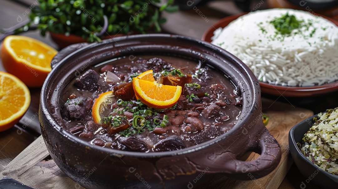 Mesa posta com panela de feijoada arroz e farofa