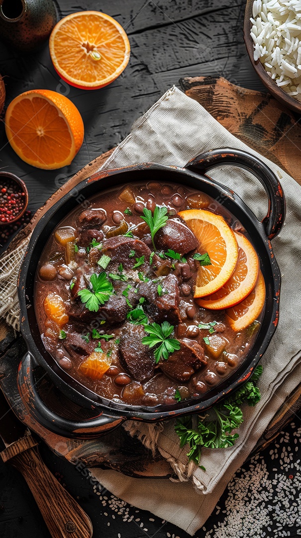 Panela de feijoada tradicional deliciosa sobre a mesa