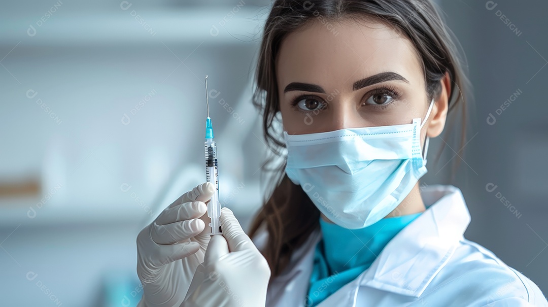 Linda enfermeira anestesista ou esteticista com seringa na mão para injeção de Botox