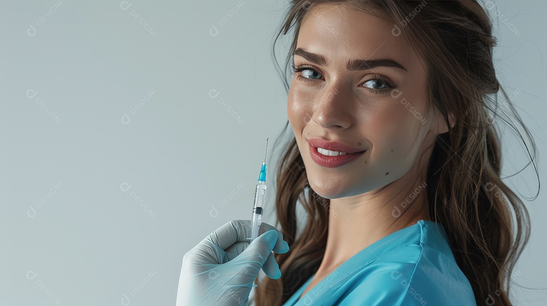 Linda enfermeira anestesista ou esteticista com seringa na mão para injeção de Botox