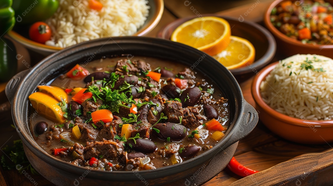 Mesa completa com feijoada e guarnições deliciosas