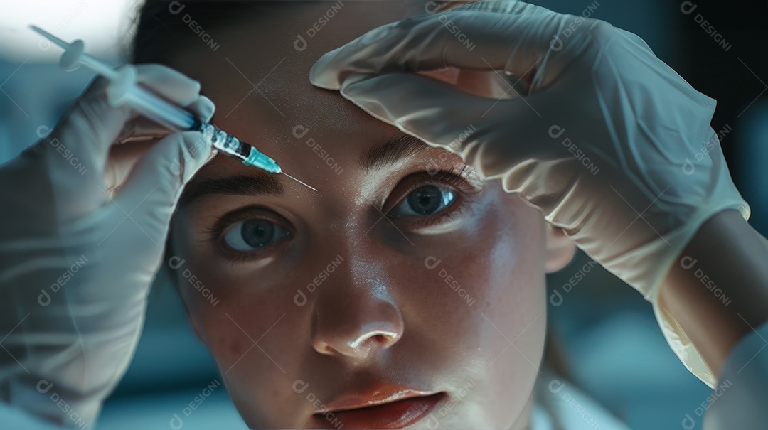 Mulher aplicando botox no rosto em clinica