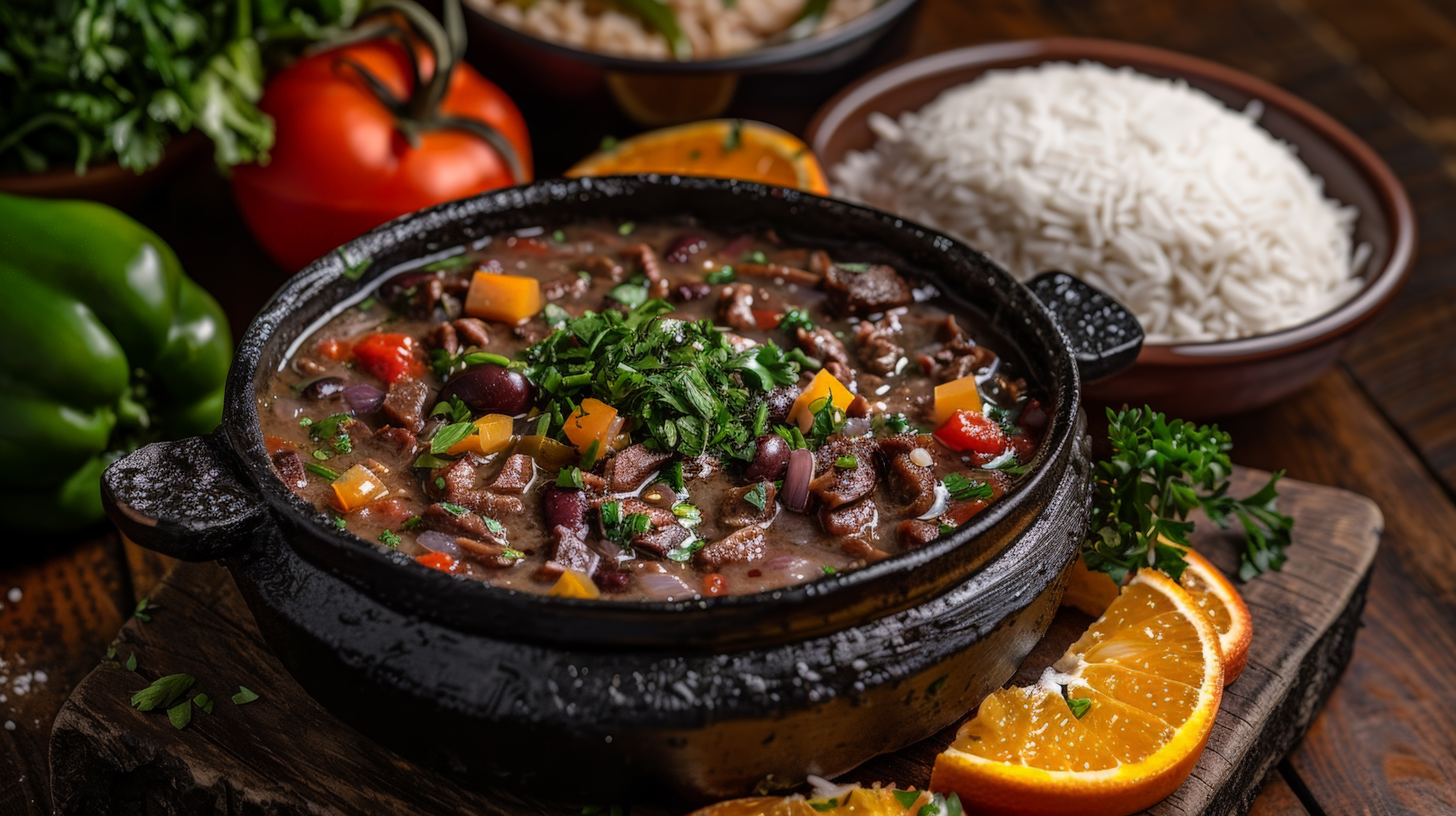 Panela de ferro raiz com feijoada típica deliciosa