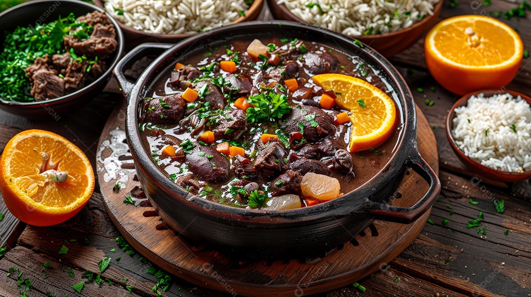 Panela de feijoada com guarnições deliciosas