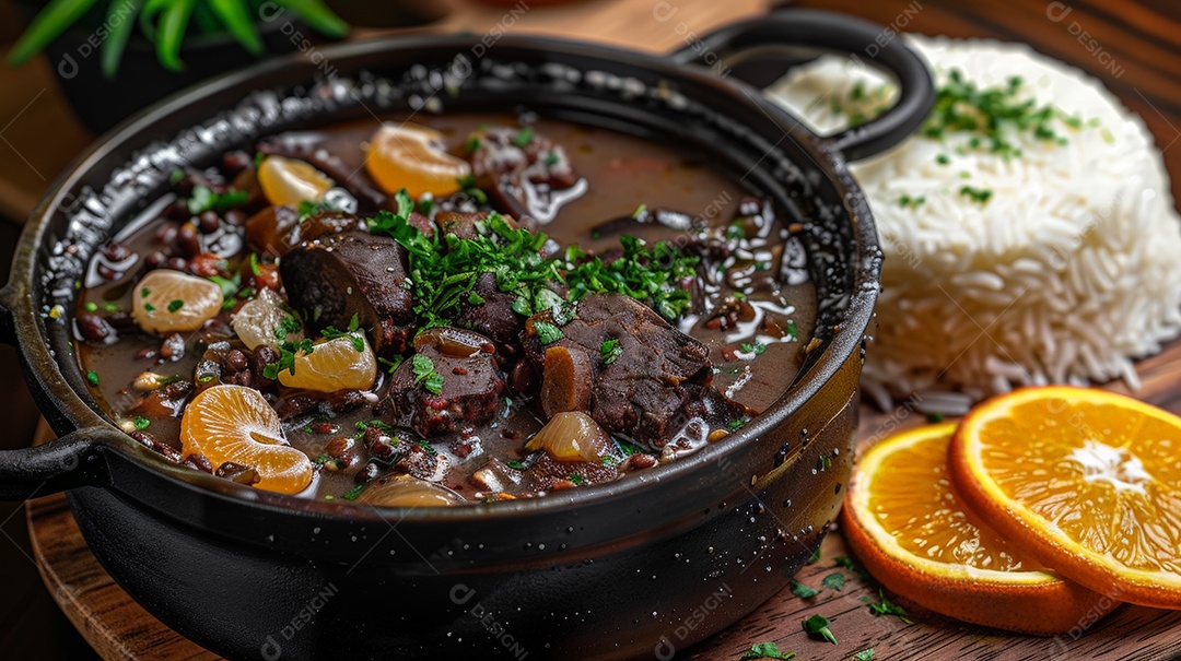 Panela de feijoada deliciosa com arroz e laranja ao lado