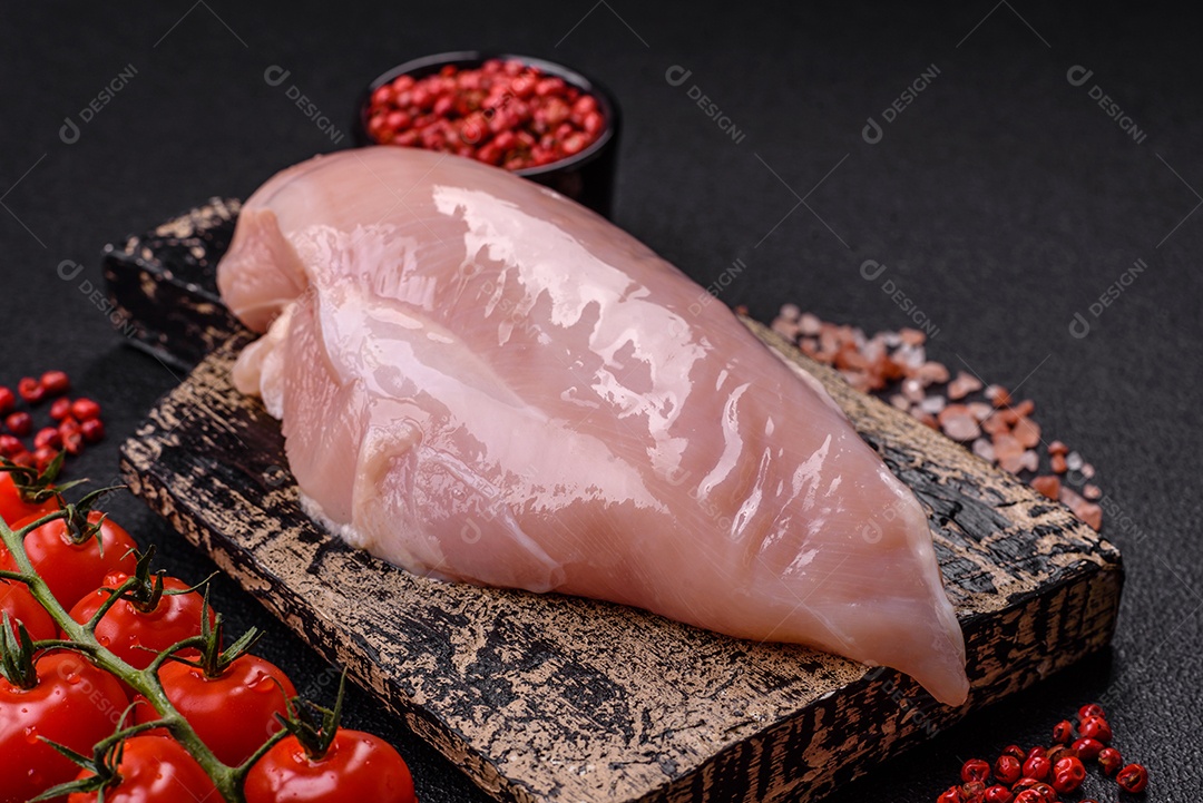 Fundo preto com tomate cereja, sal, especiarias e ervas. Ingredientes culinários