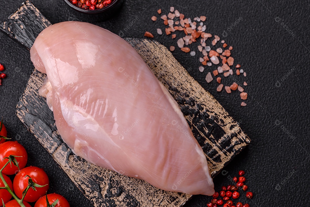 Fundo preto com tomate cereja, sal, especiarias e ervas. Ingredientes culinários