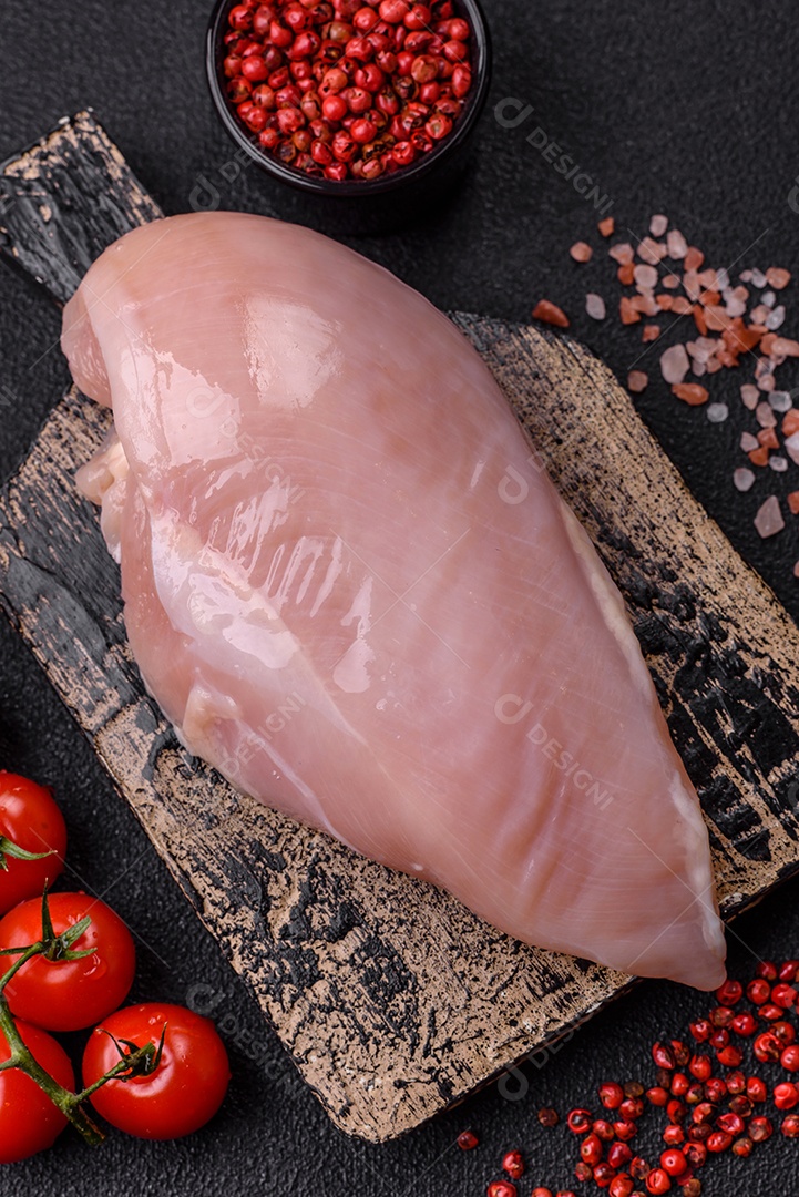 Fundo preto com tomate cereja, sal, especiarias e ervas. Ingredientes culinários