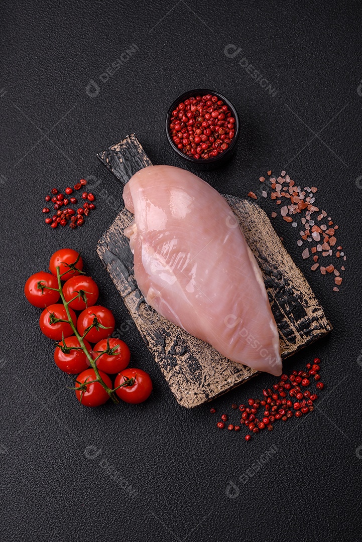 Fundo preto com tomate cereja, sal, especiarias e ervas. Ingredientes culinários