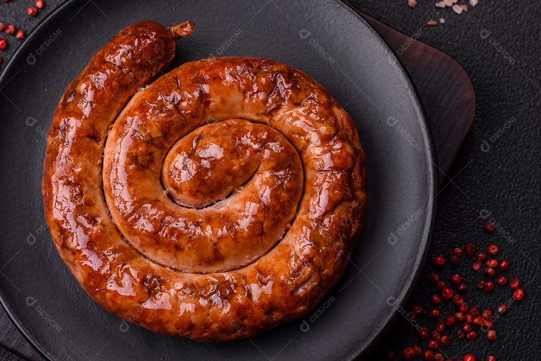 Deliciosa salsicha caseira em forma de espiral assada na grelha com sal, especiarias e ervas sobre um fundo escuro de concreto