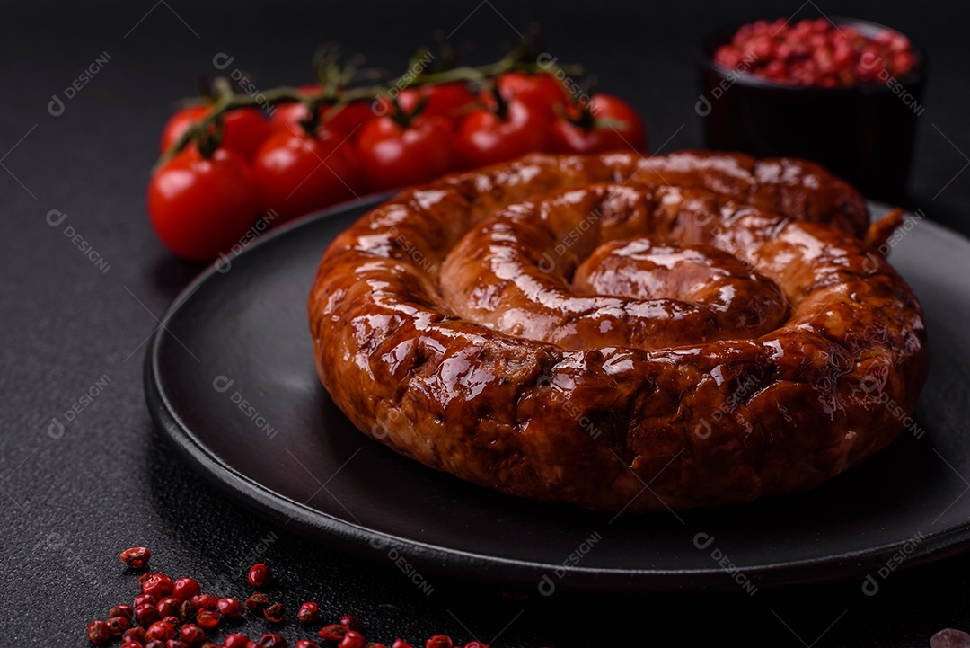 Deliciosa salsicha caseira em forma de espiral assada na grelha com sal, especiarias e ervas sobre um fundo escuro de concreto