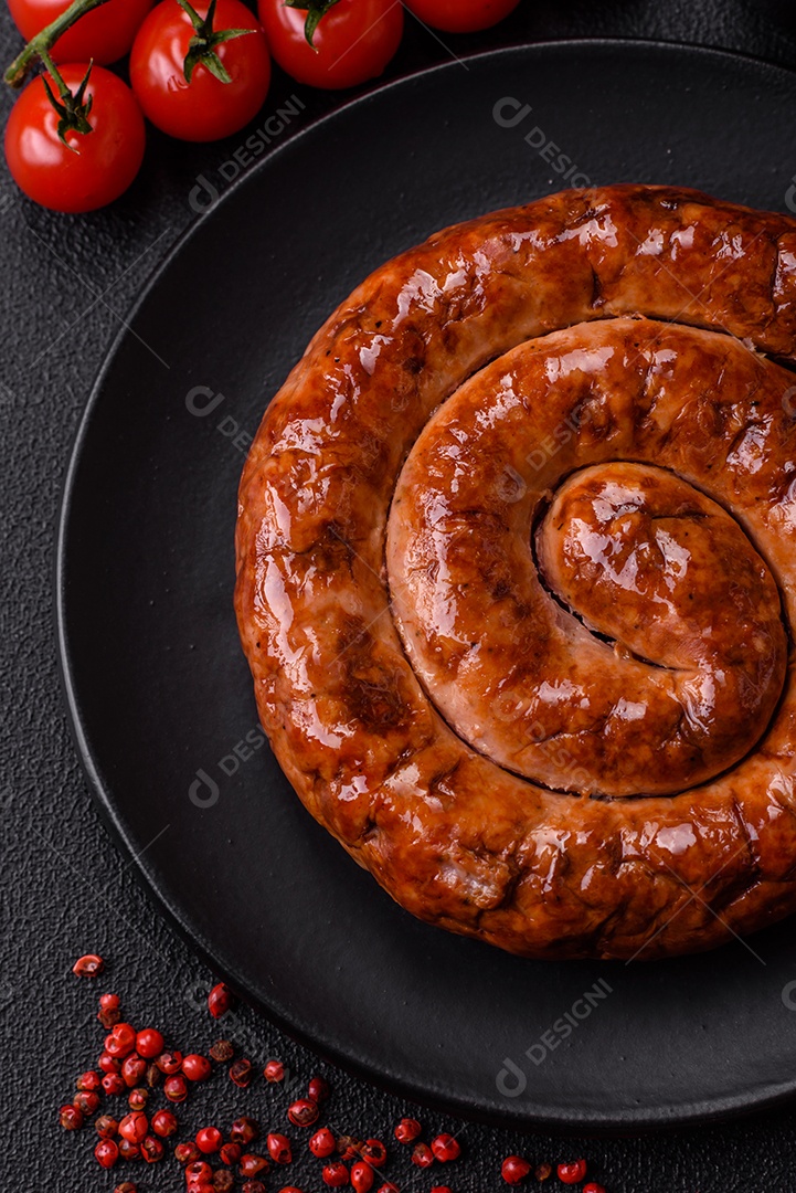 Deliciosa salsicha caseira em forma de espiral assada na grelha com sal, especiarias e ervas sobre um fundo escuro de concreto
