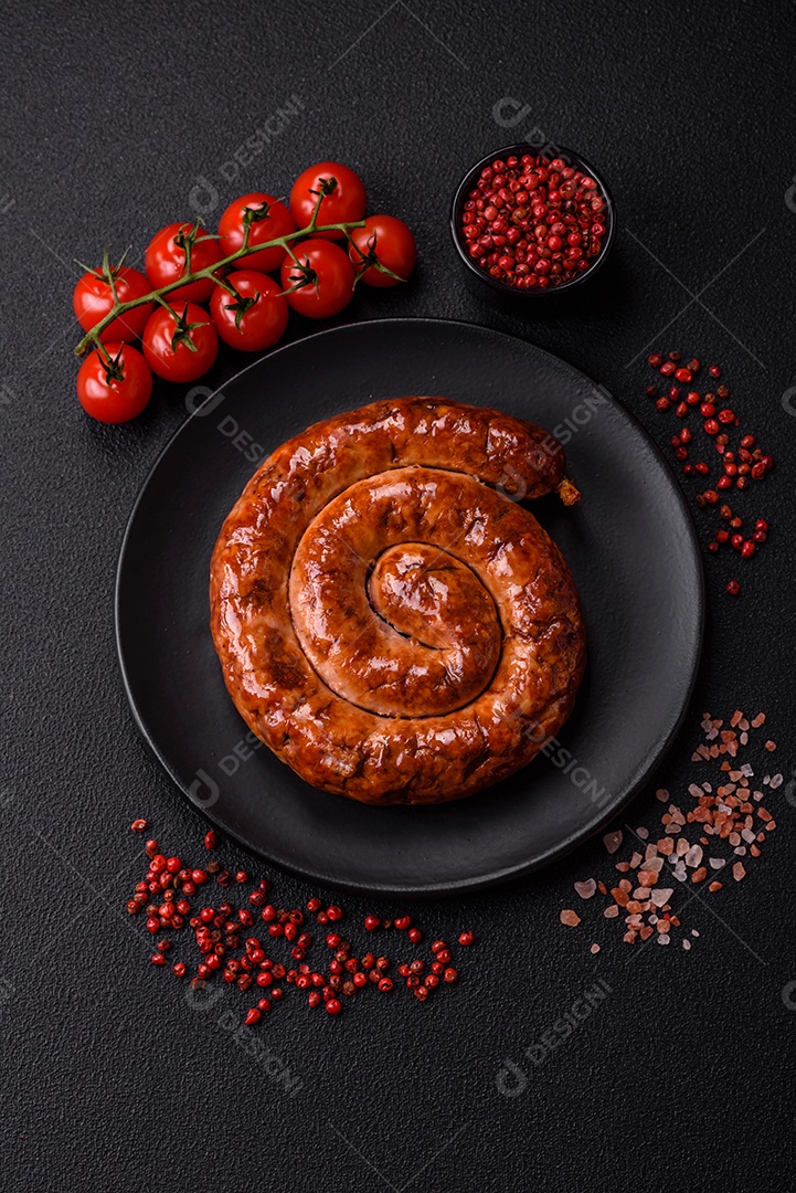 Deliciosa salsicha caseira em forma de espiral assada na grelha com sal, especiarias e ervas sobre um fundo escuro de concreto