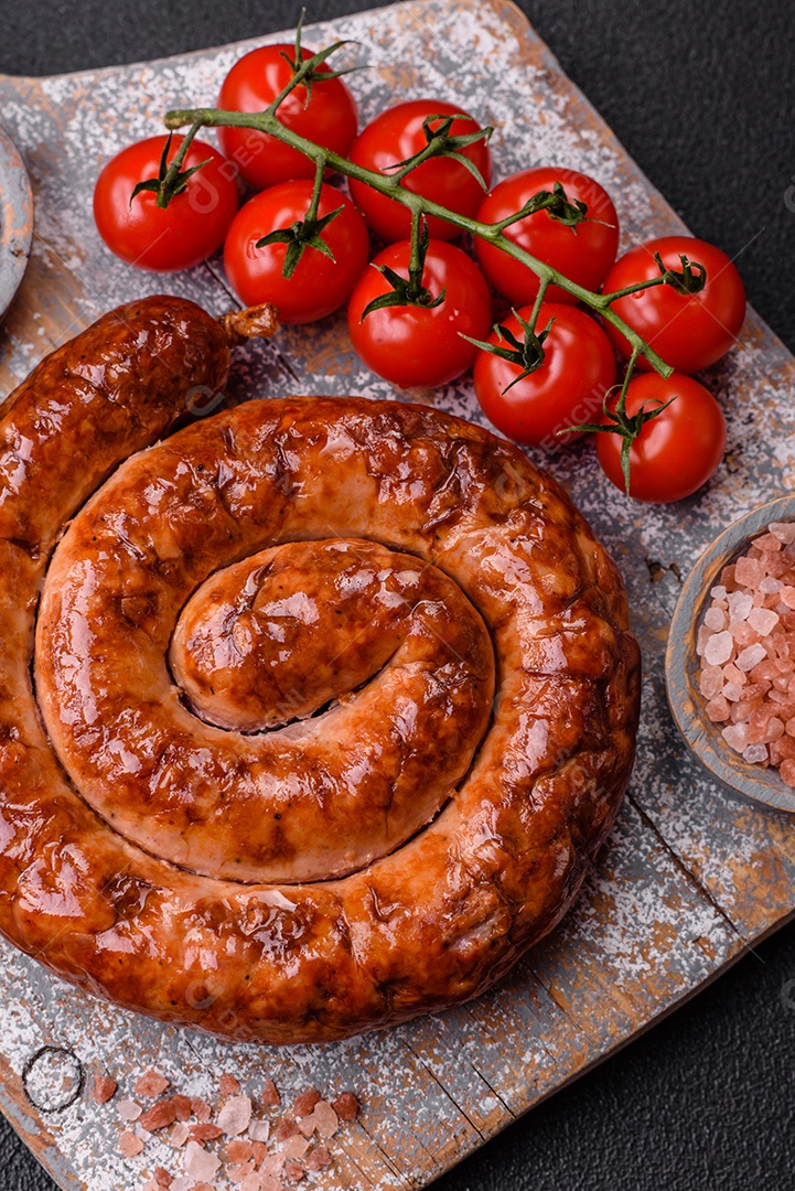 Deliciosa salsicha caseira em forma de espiral assada na grelha com sal, especiarias e ervas sobre um fundo escuro de concreto
