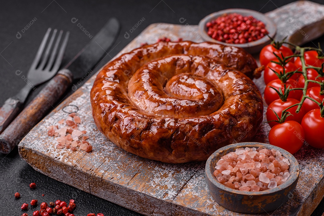 Deliciosa salsicha caseira em forma de espiral assada na grelha com sal, especiarias e ervas sobre um fundo escuro de concreto