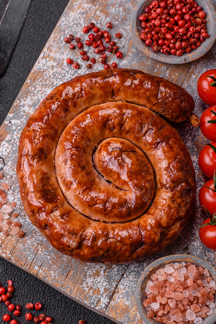 Deliciosa salsicha caseira em forma de espiral assada na grelha com sal, especiarias e ervas sobre um fundo escuro de concreto