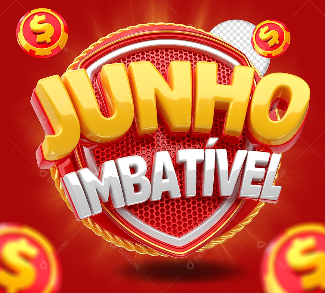 Selo 3D Junho Imbatível Vermelho Amarelo e Branco para Composição PSD