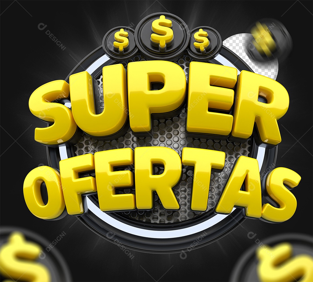 Selo 3D Super Ofertas Preto e Amarelo para Composição PSD