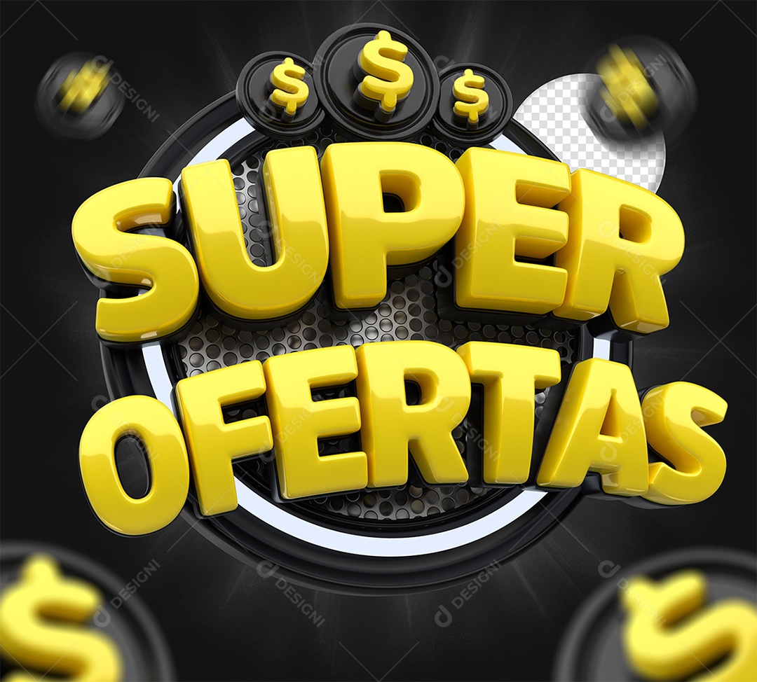 Super Ofertas Selo 3D Preto e Amarelo para Composição PSD