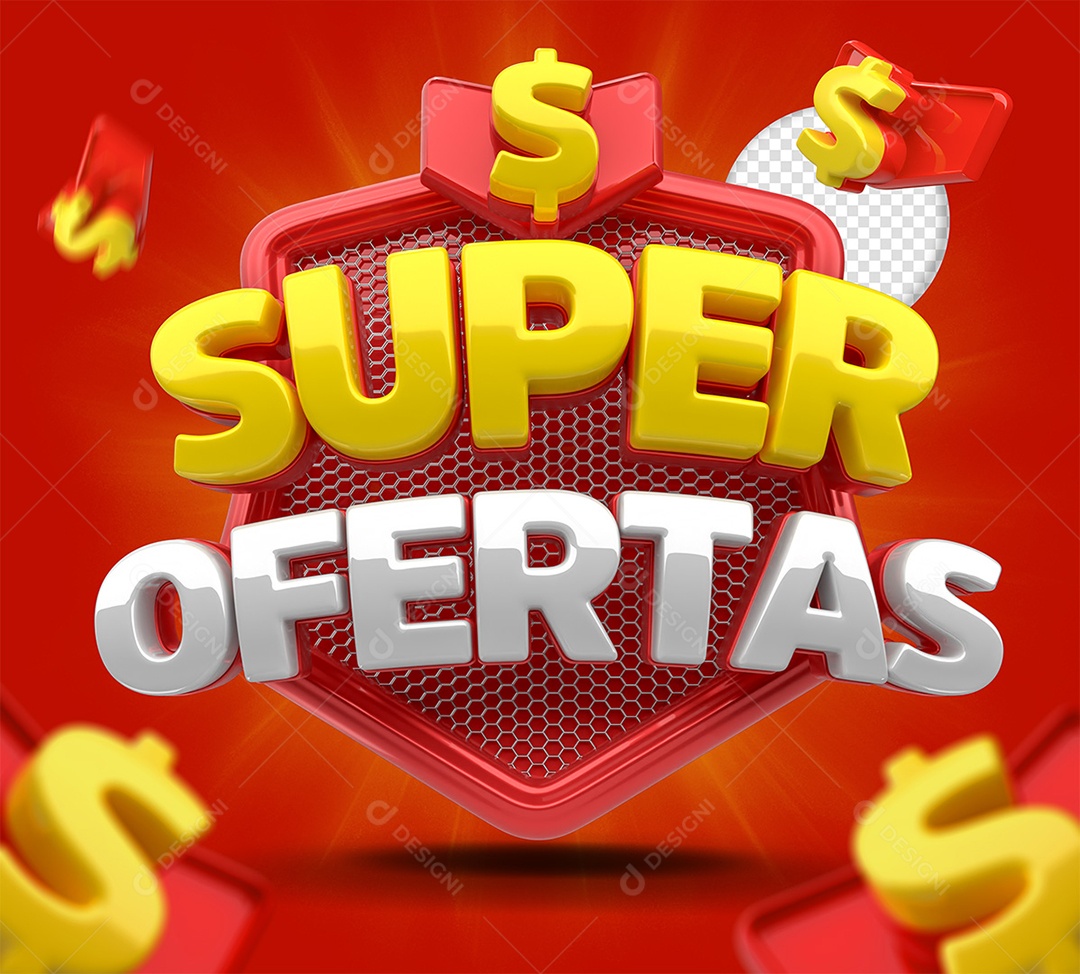 Selo 3D Super Ofertas Vermelho Amarelo e Branco para Composição PSD