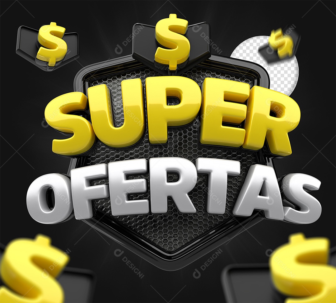 Selo 3D Super Ofertas Preto Branco e Amarelo para Composição PSD